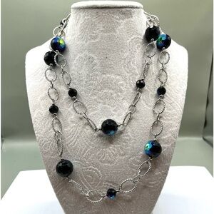 Premier Designs Necklace Blue and Black Beads Twisted oval Chain links Stunning